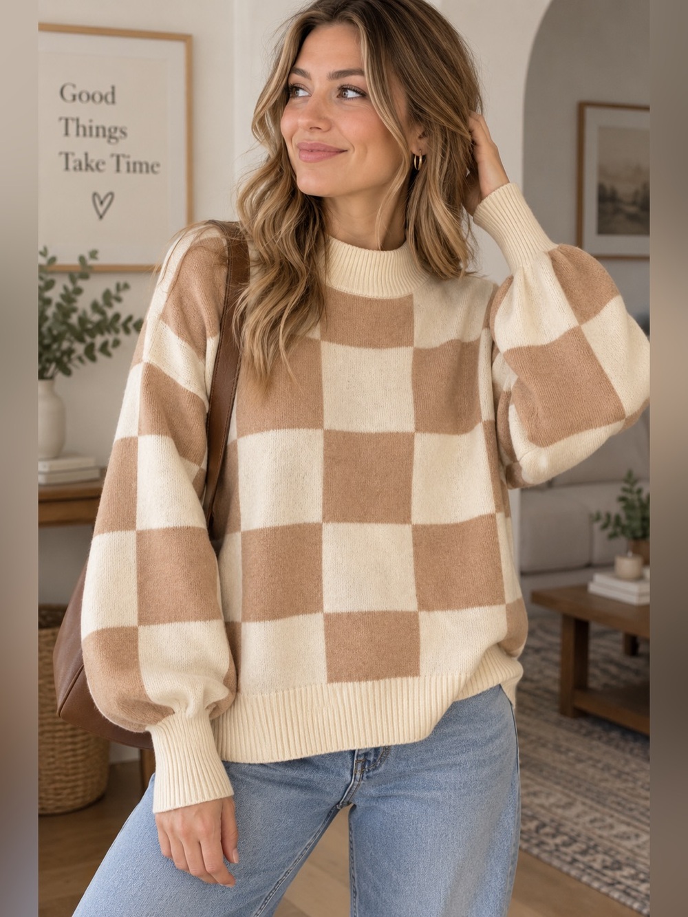 ZESICA Checkerboard Sweater Small Cream Tan Oversized Mock Neck Knit